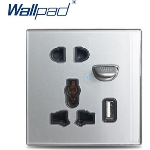 Wallpad L6 Grey Glass Switched 5 Pin Universal Wall Socket 2.1A USB Charging Port Blue LED Indicator