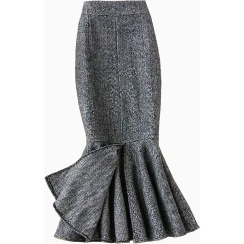 Plus size 4XL!autumn winter tweed woolen mermaid skirt women high waist package hip trumpet skirt