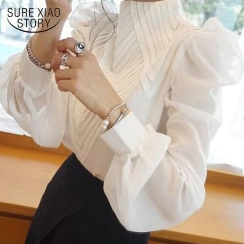 Spring New Korean Style Chiffon Shirt Chic Elegant Multi-layer Pleated Stand Collar Blouse Women Puff Sleeve Sunscreen Top 12945