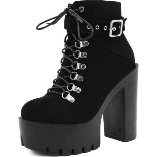 Lace Up Women Boots Platform Buckle Boot Winter Shoes Thick Heel Autmn Boots With Zipper Ankle Strap Black Suede Gothic 35-42