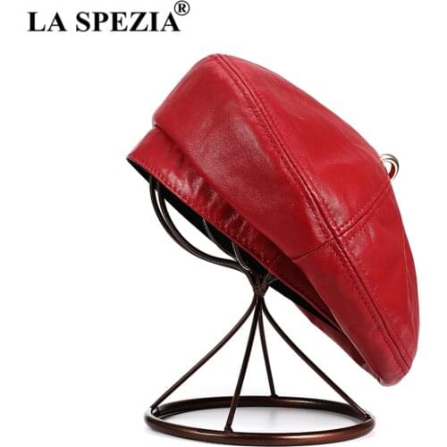 LA SPEZIA Women Beret Hat Vintage Red Womens Hats Genuine Leather Sheepskin Solid Red Blue White Black Autumn Winter Hat