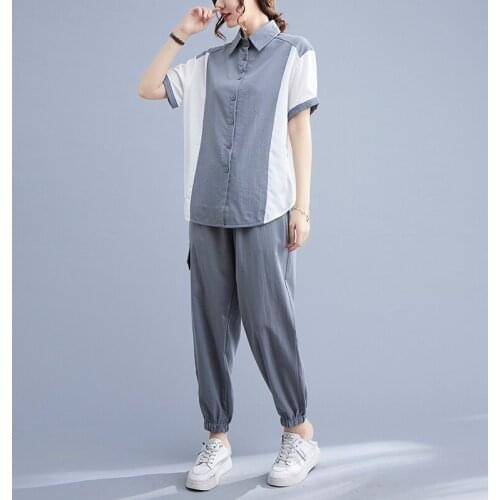 Fashion Suit Woman Summer Hit Color Lapel Single-breasted Shirt + Elastic Waist Nine-point Casual Pants Loose Two-piece Female