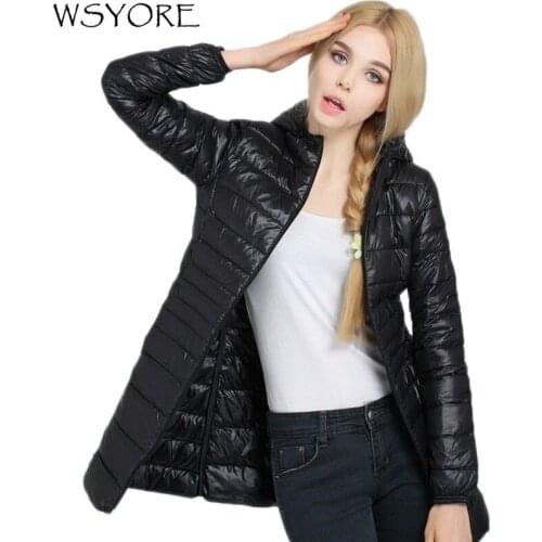 WSYORE Winter Women Ultra Light Down Jacket Duck Down Hooded Jackets Plus Size Long Sleeve Slim Coat Parka Portabl Outwear NS476