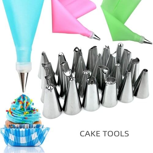 26Pcs/Set Silicone Kitchen Accessories Icing Piping Cream Pastry Bag 24Pcs Stainless Steel Nozzle Set DIY Cake Decorating Tips
