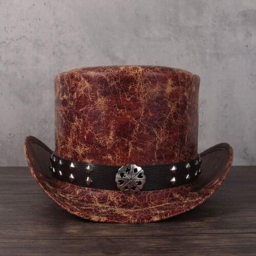 3Size Women Men Leather Top Hat President Lday Fedora Hat Magic Flat Steampunk Cosplay Pork Pie Party Cap