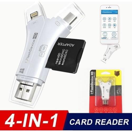 4-in-1 i-Flash USB Drive Micro SD/TF Memory Card Reader Adapter for iPhone Accessories Type-C/Micro USB/Lightening/USB 2.0