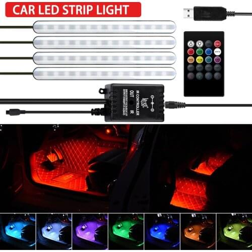 Car RGB LED Music Voice Sound Control Car Interior Decorative Atmosphere Auto RGB Pathway Floor Light Strip Remote Control 5V