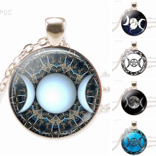 Fashion Jewelry Triple Moon Goddess Silver Color Chain Necklace Glass Pendant Fashion Jewelry Birthday Gift