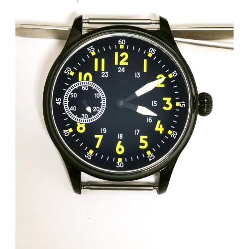 Mans Watch Part For Manual Winding Movement St36 Eta 6497 44MM Black Case And Night Light Dial Hour Hands