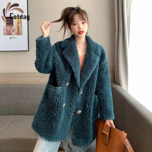Cotday Sheep Shearing Double Breasted V Neck Real Wool Winter Warm England Style Fashion Good Quality 2021 Women Fur Coat