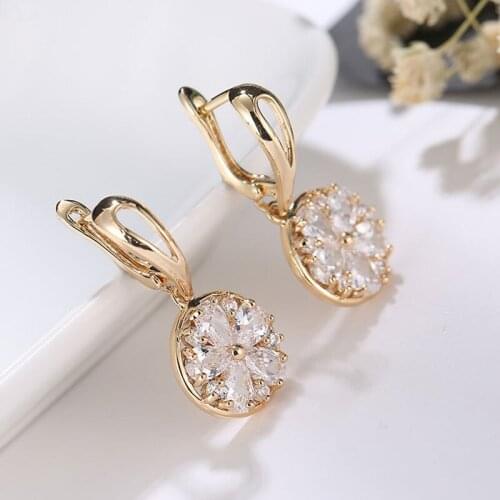 HUAMI 18k Gold Earrings Dangle Drop for Women Jewelry Round AAA Zircon Fashion Accessories Wedding Party Friend Gift Brincos