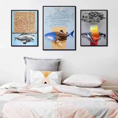 Canvas Painting Frameless Triptych Abstract Waterproof Ink Painting Fish Modern Home Decoration Wall Painting