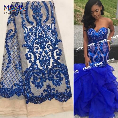 Royal Blue French Tulle Lace Fabric African Sequins Net Lace New Year Prom Party Dresses Sewing Traditional Wedding Material
