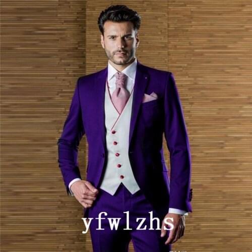 Handsome Groomsmen Peak Lapel Groom Tuxedos Mens Wedding Dress Man Jacket Blazer Prom Dinner (Jacket+Pants+Tie+Vest) A357