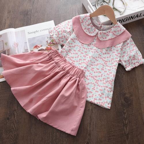 Menoea Girls Sweet Casual Clothing Sets Summer Fashion Baby Cherry Pattern And Skirt Outfits Children Princess Party Suit 2-6Y