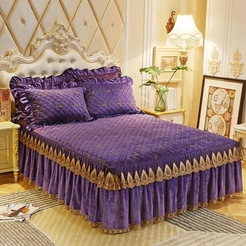 New Purple luxury Crystal velvet Thick Bed Skirt bedding set lace edge bedspread pillowcases 2/3pcs for1.5m /1.8m/2.0m bed