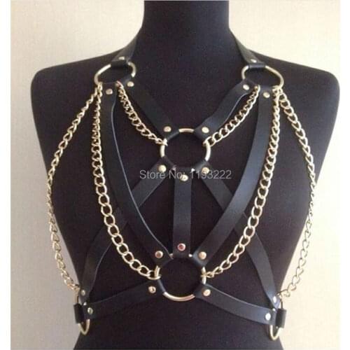 Punk Pastel Goth Handmade Harness Cross Leather Caged Chain Chest Bra Top Leather Waist Belt Straps