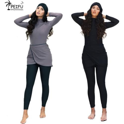 PEIFU2020 New Swimwear Women Moderate Patchwork Turban Muslim Long Sleeve Sports Swimwear 3pcs Islamic Burkinis Wear