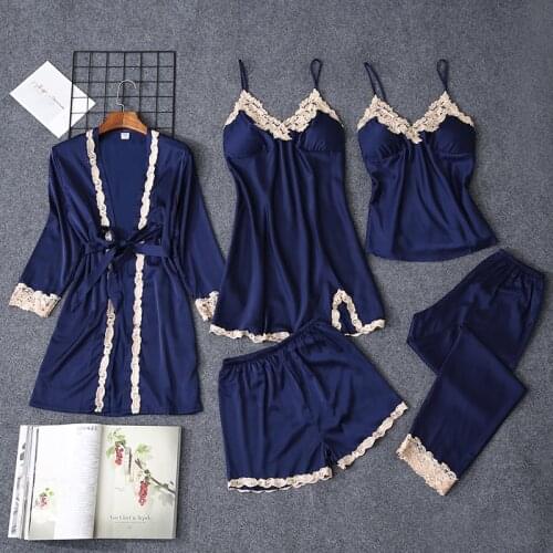 Pajamas For Women Feminino 5 Pieces Satin Sleepwear Sexy Pijama Mujer Silk Feeling Pijamas Lace Pyjamas With Chest Pads Donna