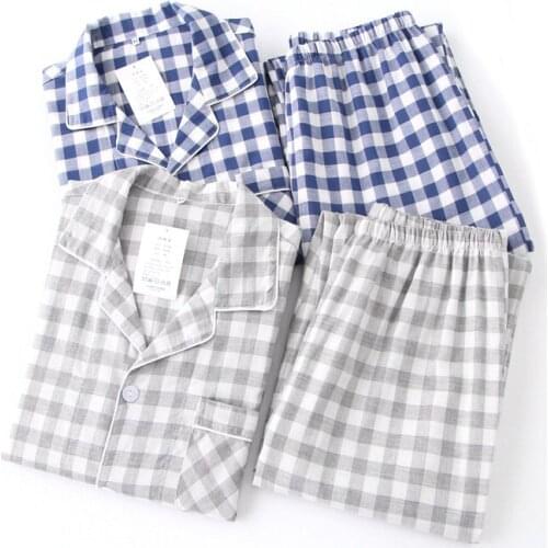 Lovers Spring New Pajama Set Plaid 100%Gauze Cotton Men And Womens Couple Sleepwear Turn-Down Collar Household Wear Casual Wear
