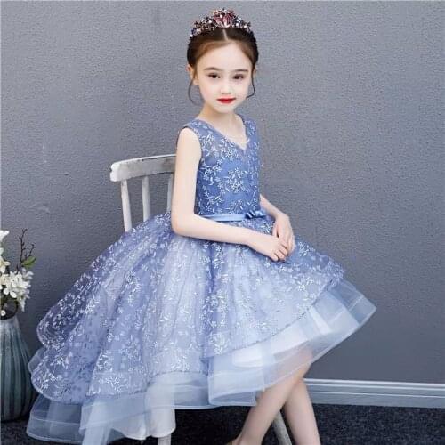 Appliques Girls Wedding Gown Long Tulle Flower Girl Dress Formal Clothes Princess Blue Lace Evening Party Baby Baptism Dresses