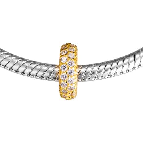 Fits Brand Bracelets Beads for Jewelry Abstract Golden Spacer Bead with CZ Charms Making DIY Sterling-Silver-JEWELRY Kralen