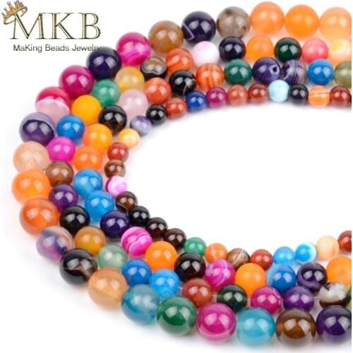 Natural Stone Multicolor Stripe Agates Round Beads For Jewerly Making 4 6 8 10 12mm Loose Beads Diy Bracelet Necklace Wholesale