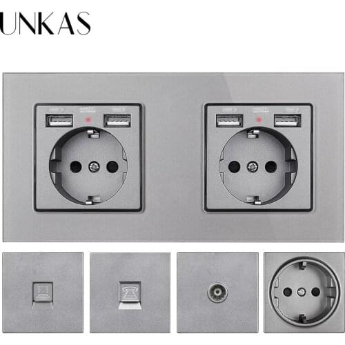 UNKAS EU French Socket With Dual USB Port + TV RJ11 Telephone RJ45 Internet Computer Jack 172mm * 86mm Grey Glass Panel Outlet