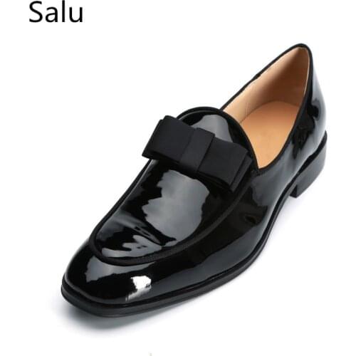 Salu Fashion Black Pointed Toe Bow tie Slip On Loafers Top Men Dress Shoes Handmade Dress And Wedding Male Flats