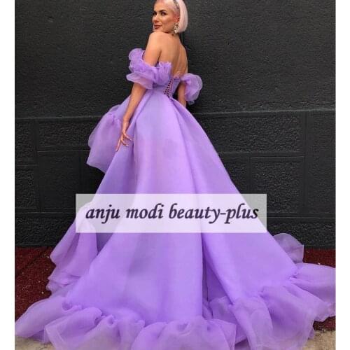 Lilac High Low Organza Prom Dresses Long Off Shoulder Lace-up Back Sleeveless Formal Evening Party Gowns Robe De Soiree