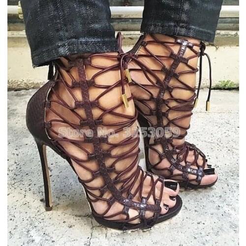 ALMUDENA Top Brand Women Coffee Color Sexy Snakeskin Sandals Stiletto Heels Cross Strappy Gladiator Shoes Nightclub Dress Pumps