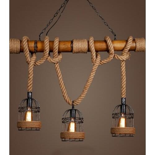 Vintage Countryside Pendant Light loft Hemp Rope Bamboo Iron Cage hanging lamp Hand Knitted for Restaurant bar Lighting Fixture
