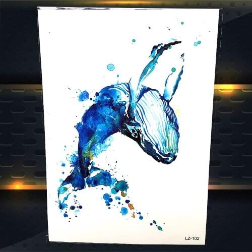 Blue Water Color Whale Temporary Tattoo Sticker Women Makeup Fake Flash Tattoo Men Body Art 21x15CM Large Sexy Waterproof Tatoo