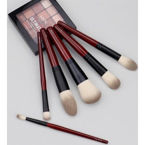 Japanese Brand + SP Pro 6Pcs Makeup Brushes Set Soft Powder Brush Cosmetic Tool Accessiories Dark Red