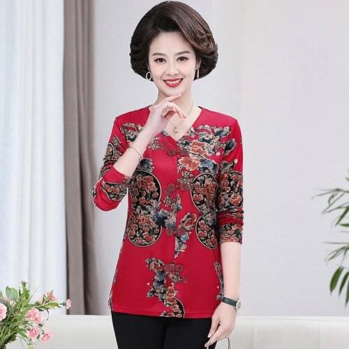 Spring XL-5XL Middle Age Women Tee Tops Plus Size Mother Long Sleeve T-Shirts Casual Floral Clothes Slim Pullover T Shirt