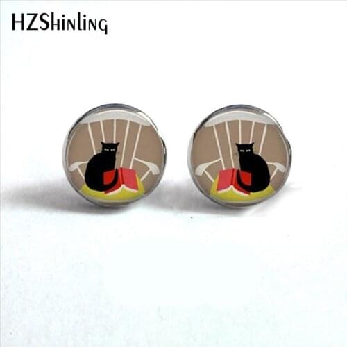 ED-003 New Design Black Stud Earrings Reading Book Lovers Librarian Jewelry Glass Cabochon Photo Earring HZ4