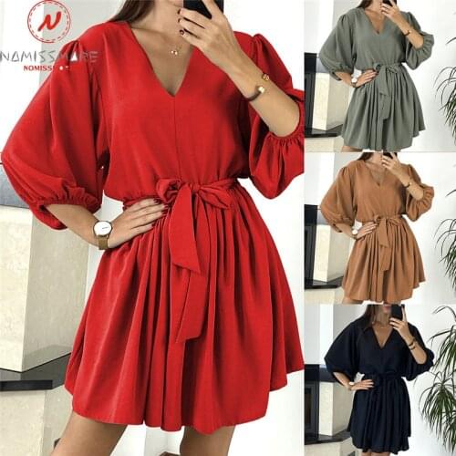 Women Solid Color A-Line Dress Bandage Design V-Neck Mid Waist Three Quarter Sleeve Spring Summer Slim Pullovers Mini Dress
