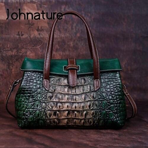 Johnature Handmade Embossing Genuine Leather Luxury Handbags Women Bags Designer 2020 New High Quality Shoulder&Crossbody Bags