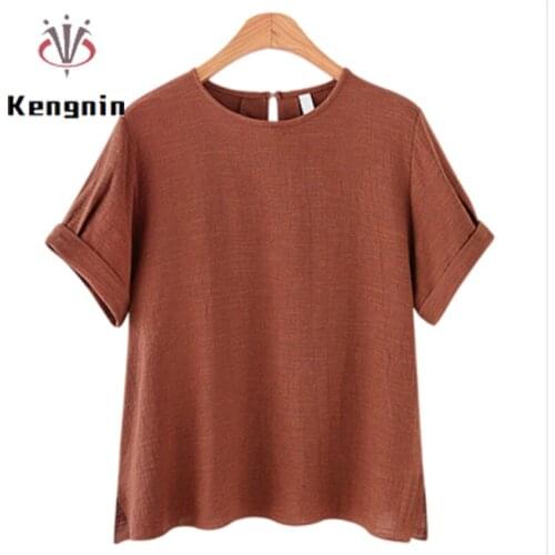 100% Cotton Linen Women Tops Plus Size 4XL Summer Loose Short Sleeve Ladies Tees Simple Casual O-Neck Female T-Shirts KE1628