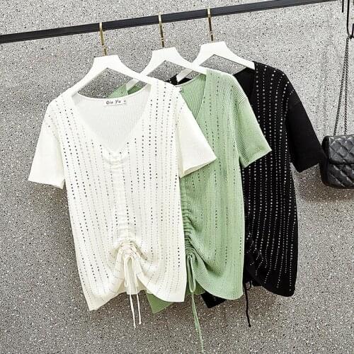 Knitted Pullover Korean V-neck Knitwear Fashion 2021 Women Thin Short Sleeve Sweater Cool Summer Ropa Mujer Soft Jumper Tops
