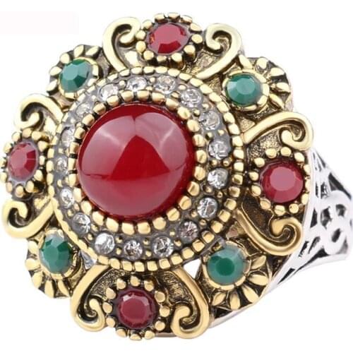 Blucome Antique Turkish Floral Rings Retro Silver Color CZ Crystal Hollow Out Royal Wide Ring Jewelry Damascus Luxury Bijoux