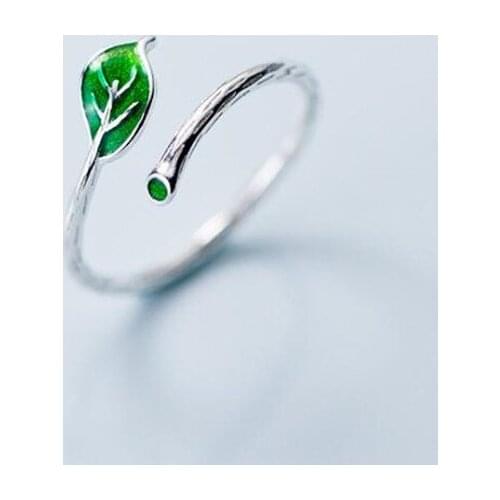 Fashion Fresh Green Leaves Branch Open Rings for Women Ladies 925 Sterling Silver Jewelry Mori Girls Female Accessories SR396