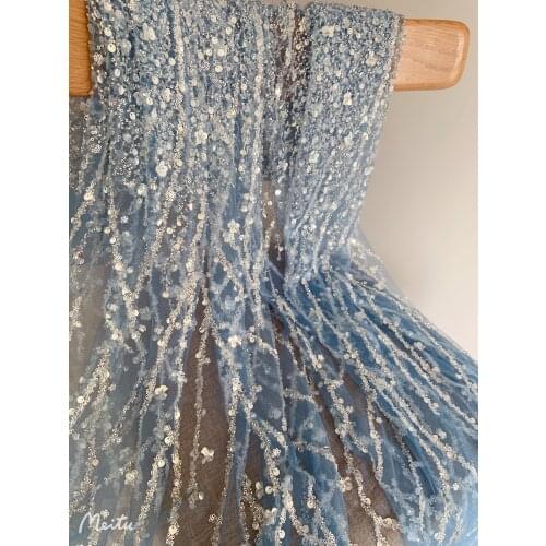 1 yard Pale blue Heavy Bead Tulle Lace Fabric With Florals For Bridal Dress, Beading And Sequined Mesh Fabric For Wedding Gown