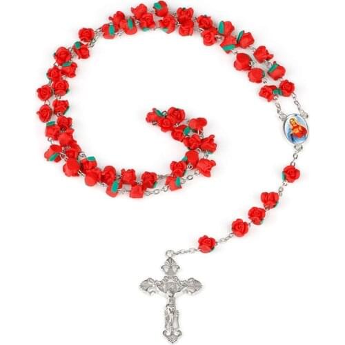2020 New 8mm Polymer Clay Rose Beads Rosary Catholic Necklace With Holy Soil Medal Crucifix Prayer Religious Cross Necklaces