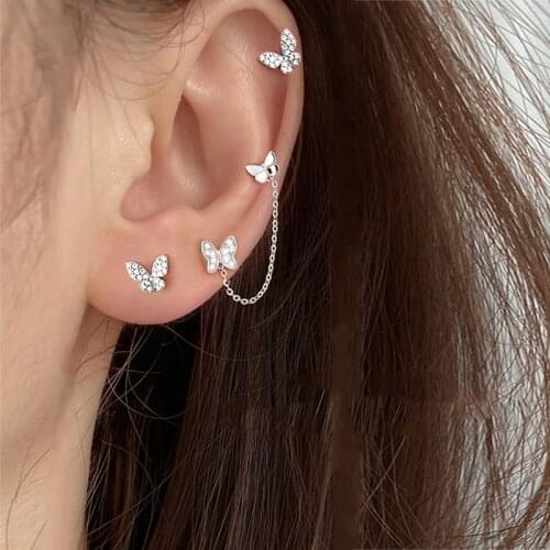 925 sterling silver earring vertical row zircon long earring double ear hole butterfly connection chain stud earring girl ear je
