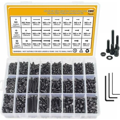 1200pcs/set Carbon steel Threaded Hex Screw Bolts and Nuts M2 M3 M4 M5 Fixing Kit with Box