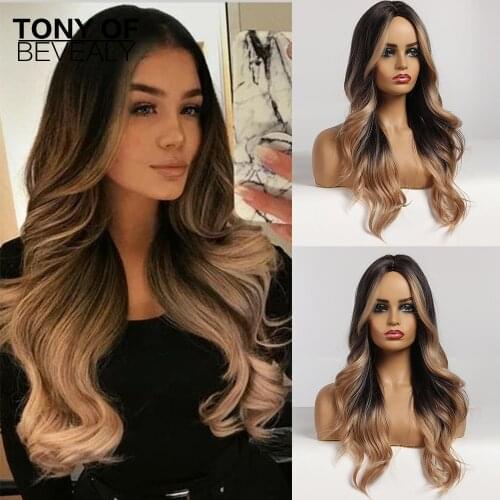 Long Wavy Black Brown Wigs with Blonde Highlights Cosplay Wigs Middle Part Heat Resistant Natural Synthetic Wigs for Black Women