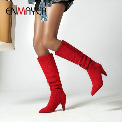 ENMAYER 2020 Slip-On Pointed Toe Spike Heels Basic Faux Suede Slim Boots Winter Shoes Women Flock Mid-Calf Boots Women 34-43