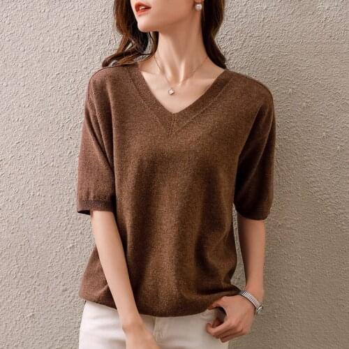 Cashmere sweater women 2021 new V-neck pullover 100% wool sweater short sleeve casual plus size ladies top shirt loose tees hot
