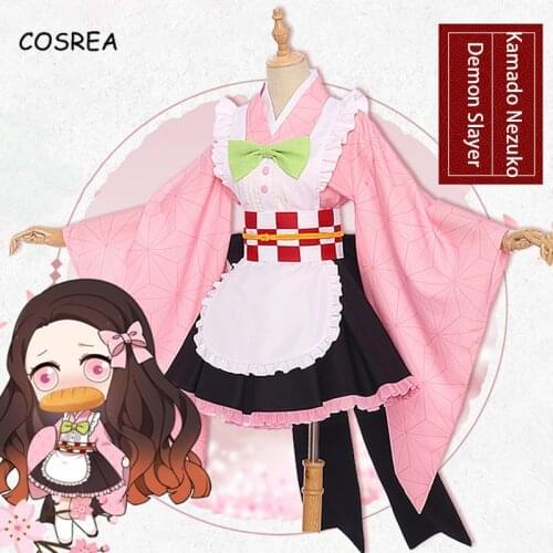 Demon Slayer Kimetsu No Yaiba Cosplay Kamado Nezuko Costume Girl Kimono Cute Maid Lovely 360 Degree Sun Skirt Clothes Wigs Women